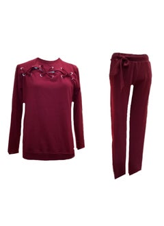 Generic Women cotton Tracksuit Training set 2 pieces burgundy pants & sweatshirt  - Image 1