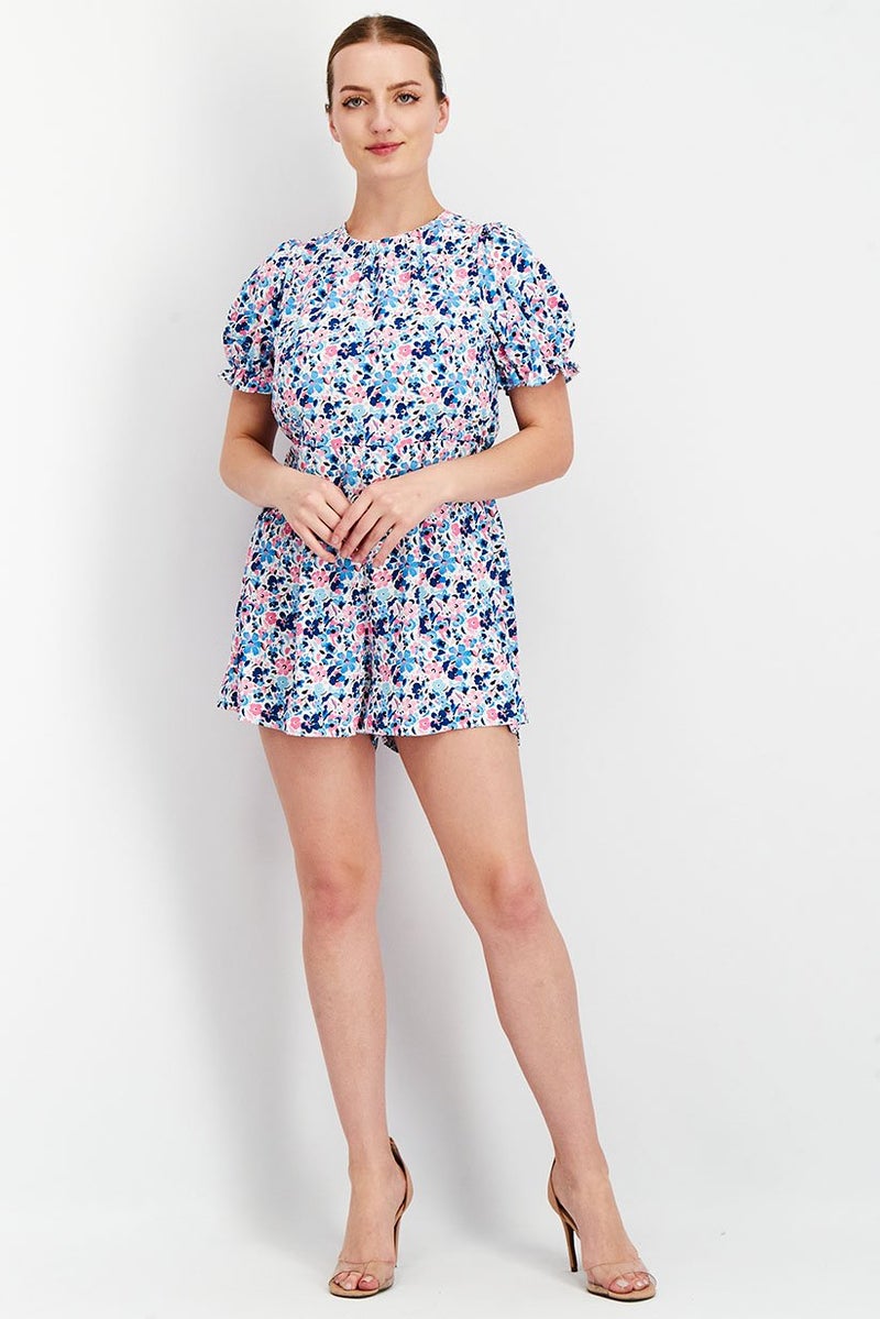 Miss Selfridge Women Petite Floral Print Lace Up Back Short Sleeves Playsuit, Purple Combo  - Image 3