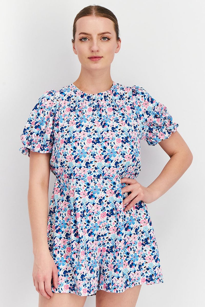 Miss Selfridge Women Petite Floral Print Lace Up Back Short Sleeves Playsuit, Purple Combo  - Image 1