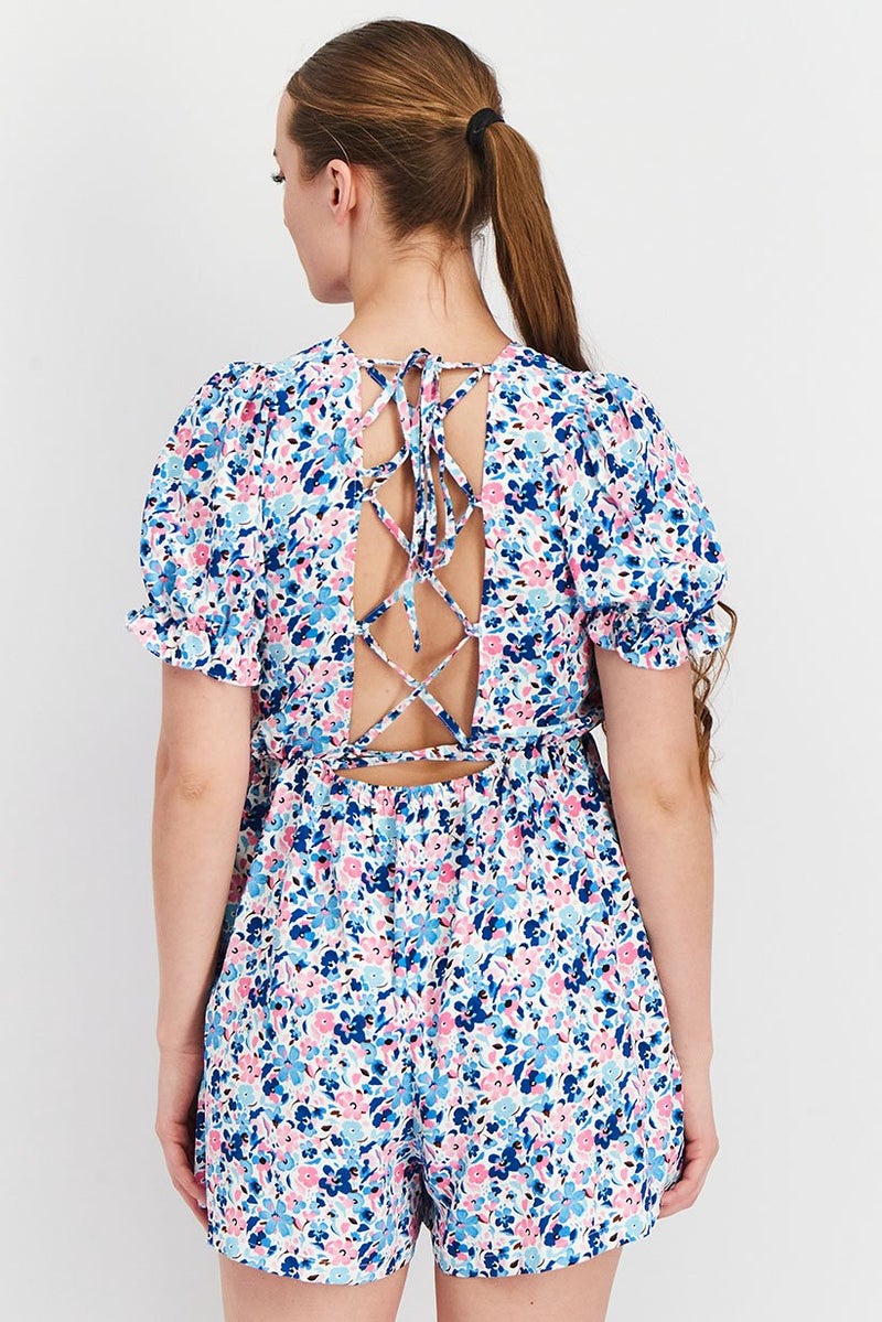 Miss Selfridge Women Petite Floral Print Lace Up Back Short Sleeves Playsuit, Purple Combo  - Image 2