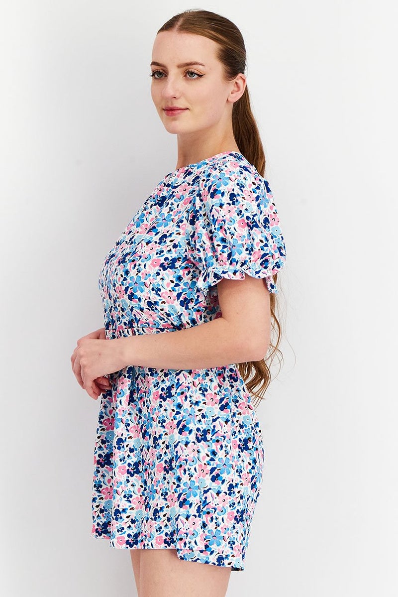 Miss Selfridge Women Petite Floral Print Lace Up Back Short Sleeves Playsuit, Purple Combo  - Image 4