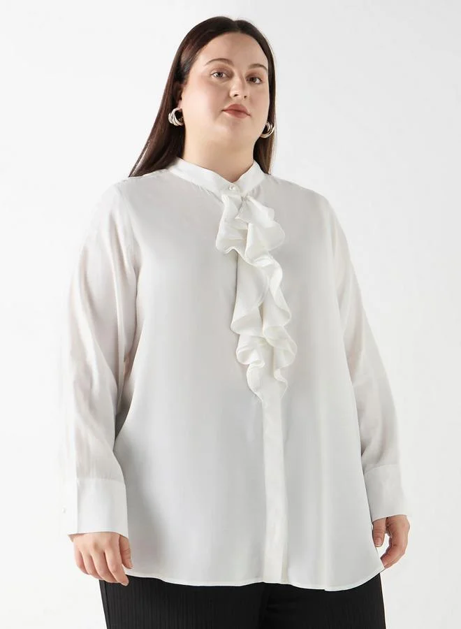Ulla Popken Plus Size Ulla Popken Regular Fit Shirt with Mandarin Collar and Ruffle Detail