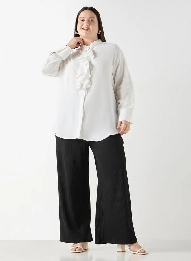Ulla Popken Plus Size Ulla Popken Regular Fit Shirt with Mandarin Collar and Ruffle Detail