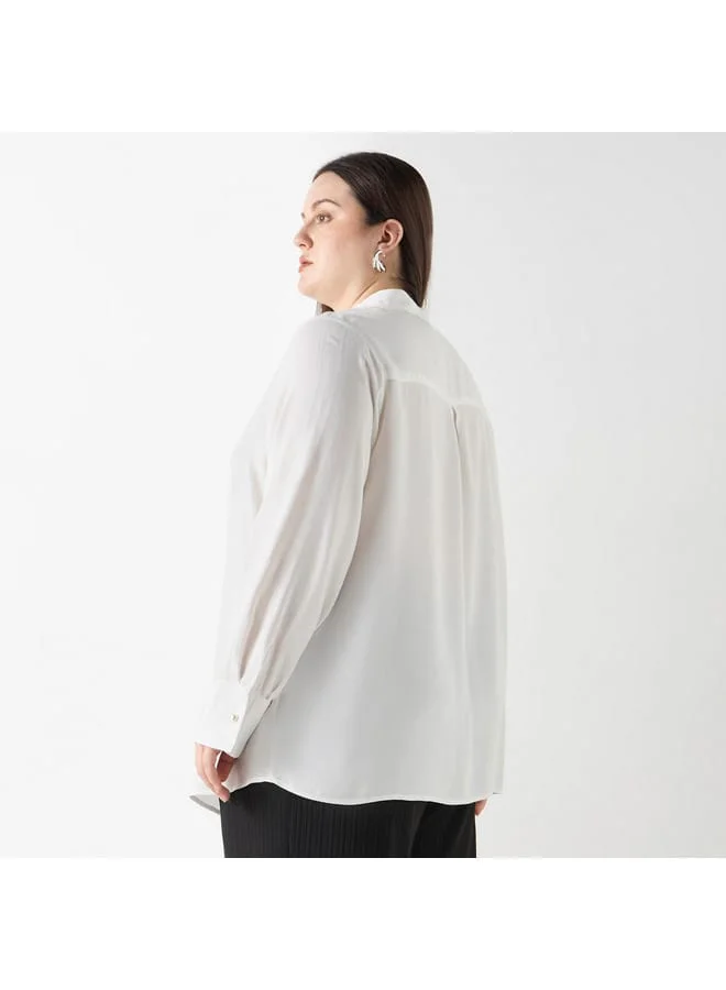 Ulla Popken Plus Size Ulla Popken Regular Fit Shirt with Mandarin Collar and Ruffle Detail