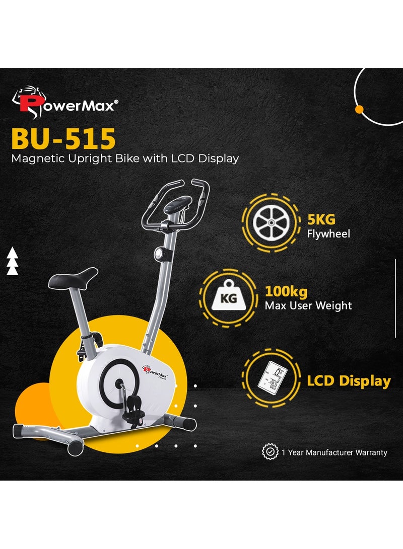 PowerMax Fitness Fitness Bu-515-Al502 Steel Magnetic Exercise Upright Bike, Grey, White SNone - Image 2