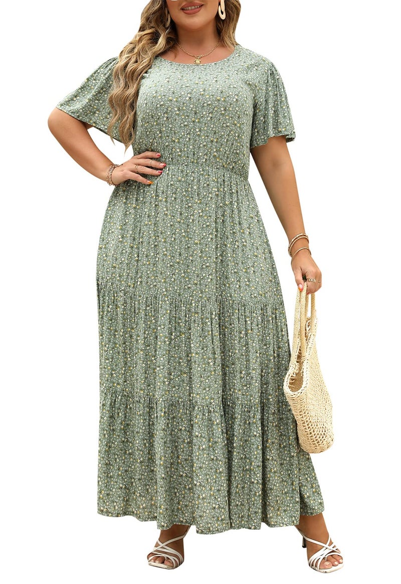 Nemidor Plus Size Maxi Dresses for Curvy Women Summer Casual Boho Ditsy Floral Print Layered Flared Long Dress with Pocket(304,20,Green White) - Image 1