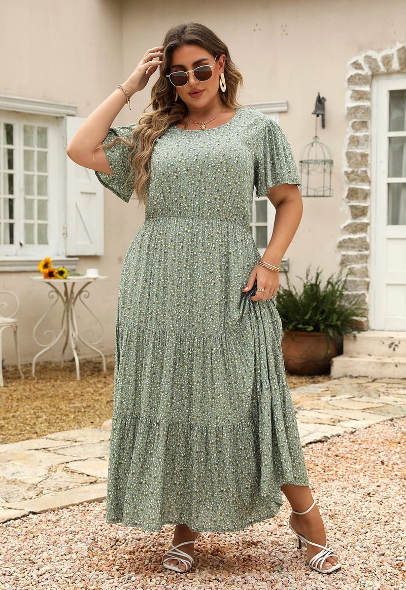 Nemidor Plus Size Maxi Dresses for Curvy Women Summer Casual Boho Ditsy Floral Print Layered Flared Long Dress with Pocket(304,20,Green White) - Image 2