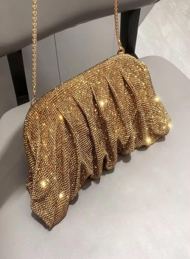 BLUE BEADS Full Shinny Rhinestone Crystal Evening Clutch Bag Sparkling Glitter with Chain Sling Bag for Special Occasions Like Wedding Party Prom Evening Night Party For Women Girls (Gold) - Image 2