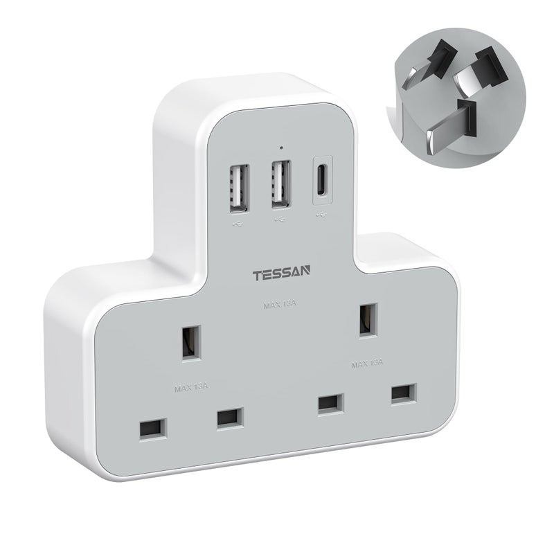 TESSAN 2 Way UK to Australia Plug Adapter 3 USB Ports (1 USB C) - Image 1