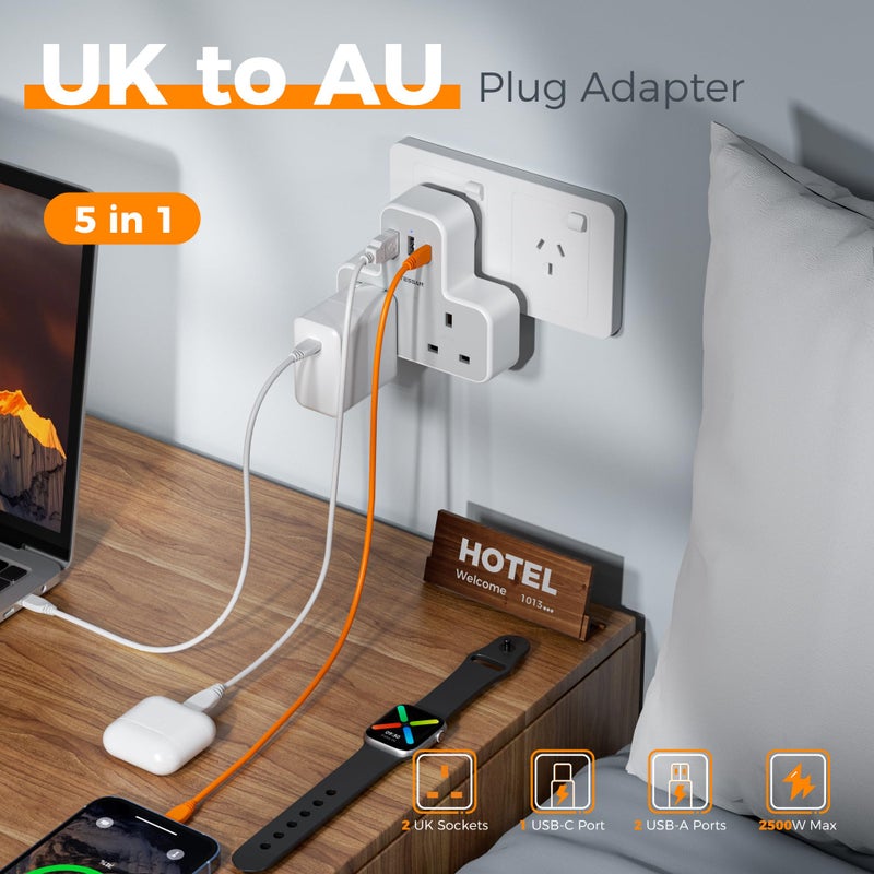 TESSAN 2 Way UK to Australia Plug Adapter 3 USB Ports (1 USB C) - Image 4