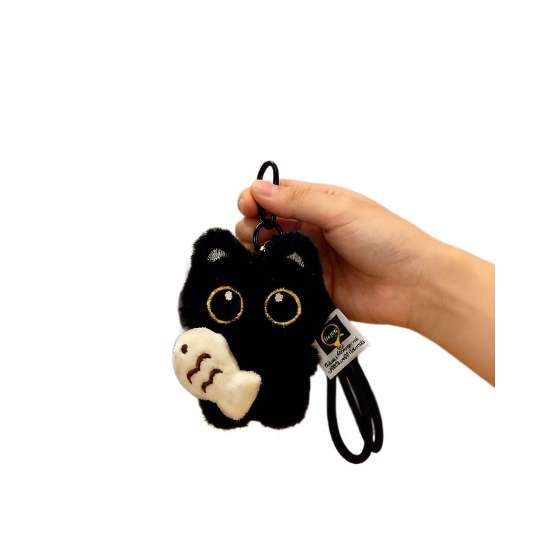 Cute Big-Eyed Black Cat Plush Toy Holding Fish Keychain - Image 3