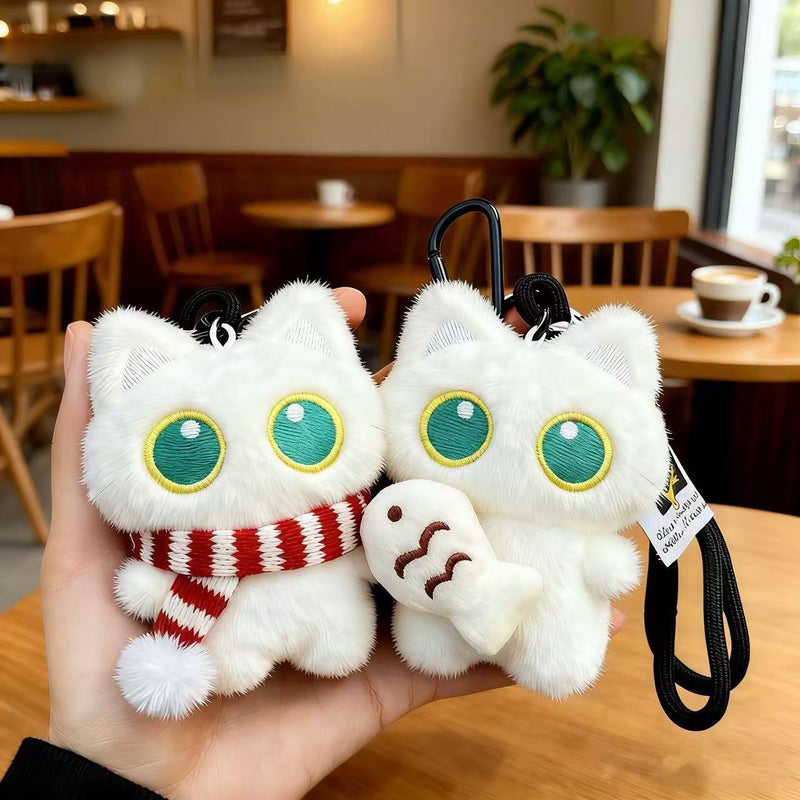 Cute Big-Eyed Black Cat Plush Toy Holding Fish Keychain - Image 2