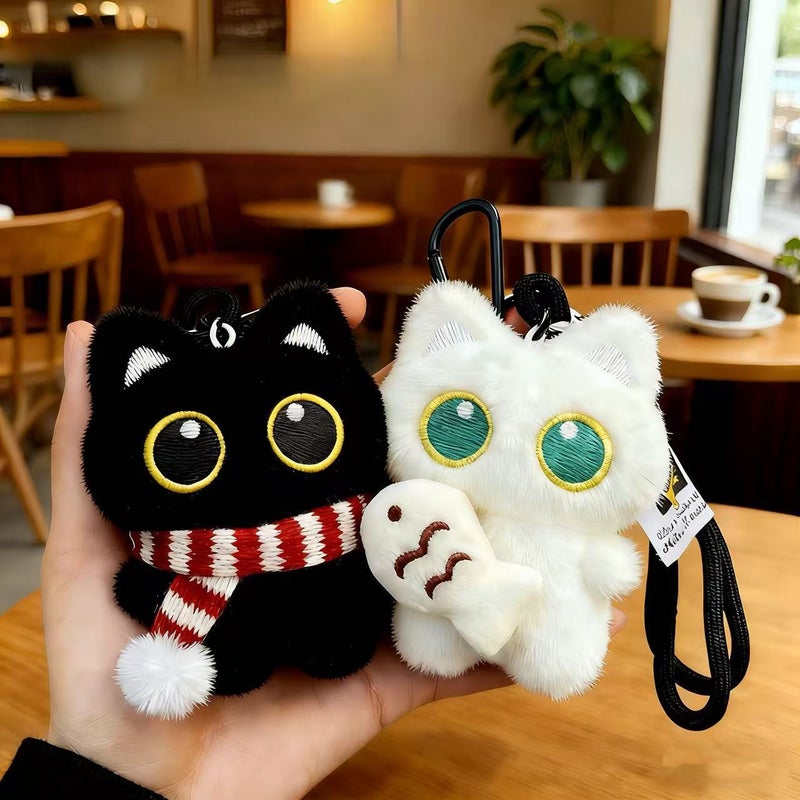 Cute Big-Eyed Black Cat Plush Toy Holding Fish Keychain - Image 1