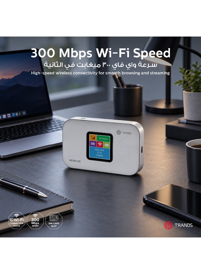 Trands 4G/5G LTE Portable Wi-Fi Router, 300 Mbps Speed, 3000mAh Battery, Connects Up To 10 Devices, USB Type C - White - Image 3