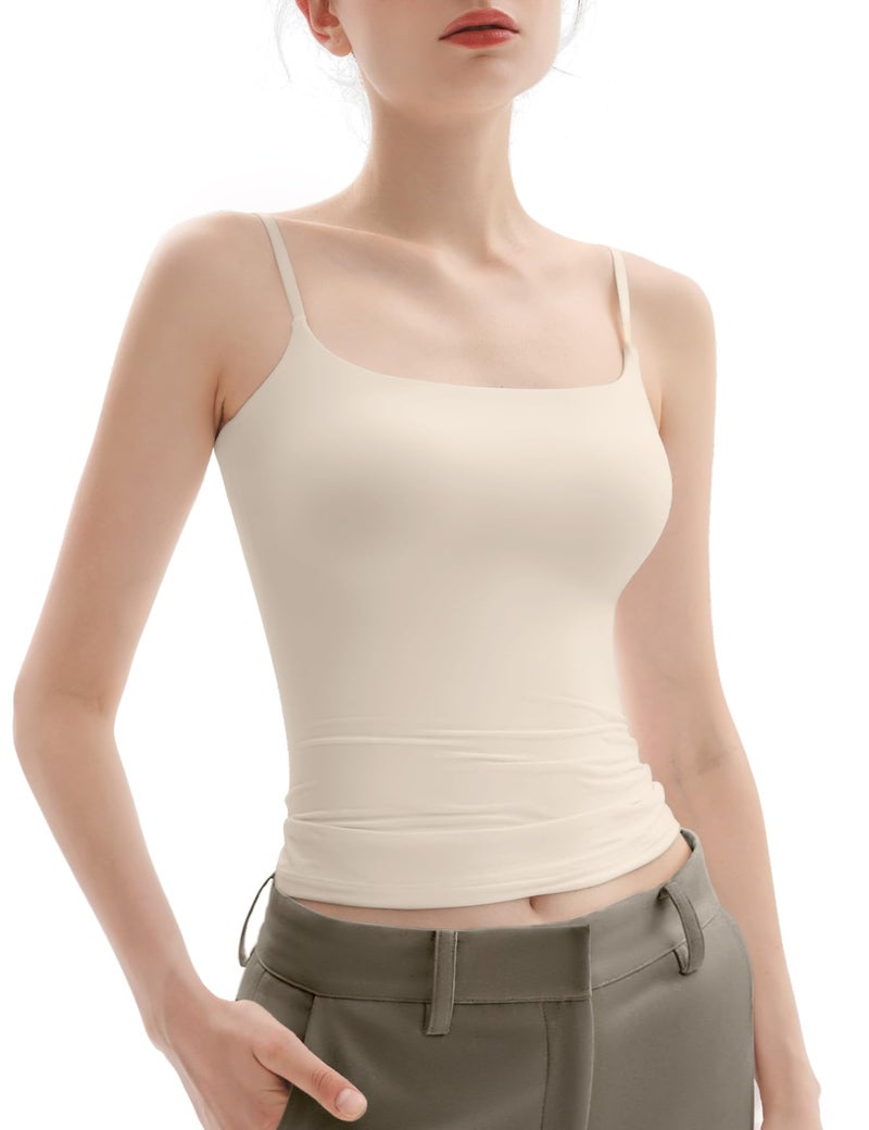 PUMIEY Tank Top for Women Square Neck Spaghetti Straps Camisole Sleeveless Basic Summer Tops, Beige Medium - Image 1