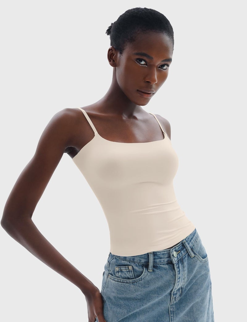 PUMIEY Tank Top for Women Square Neck Spaghetti Straps Camisole Sleeveless Basic Summer Tops, Beige Medium - Image 2