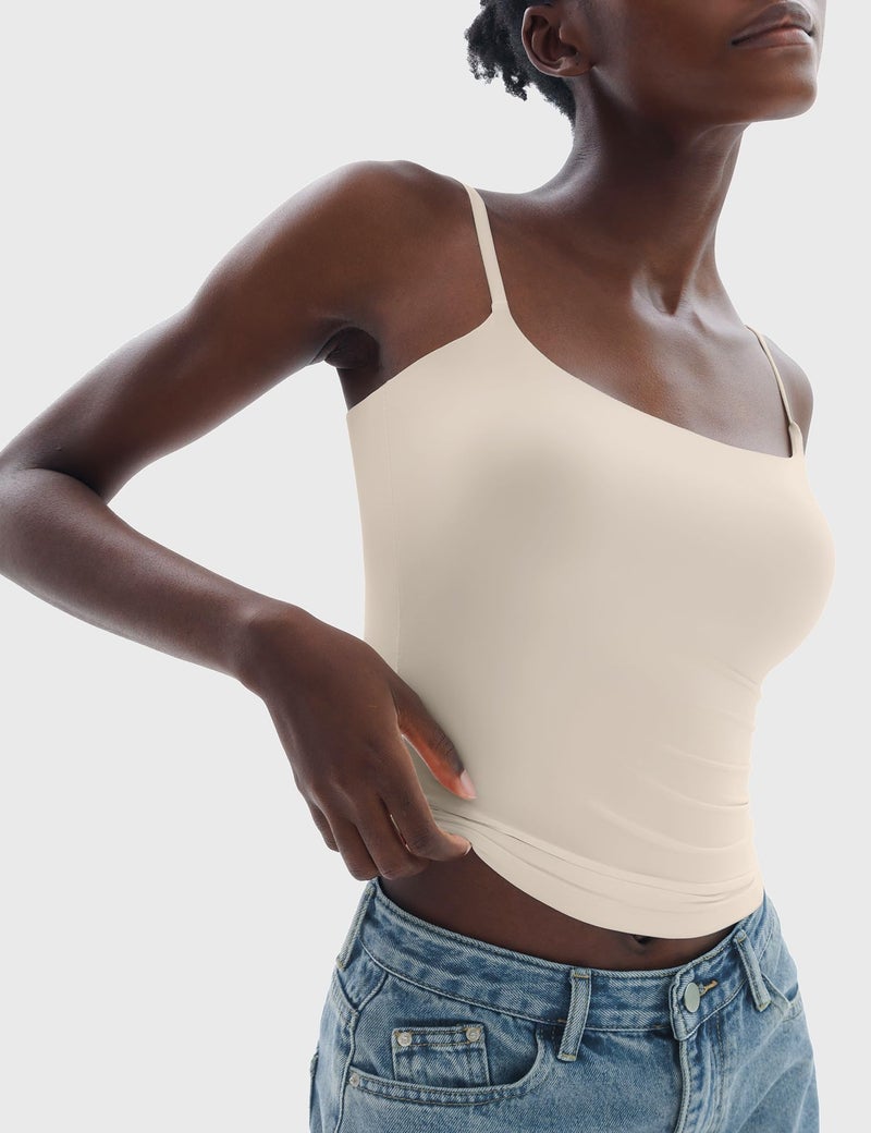 PUMIEY Tank Top for Women Square Neck Spaghetti Straps Camisole Sleeveless Basic Summer Tops, Beige Medium - Image 3