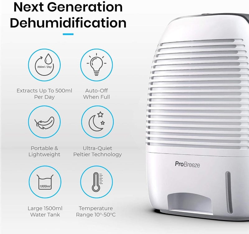 Pro Breeze 1500ml Premium Dehumidifier for Damp, Mould, Moisture in Home, Kitchen, Bedroom, Caravan, Office, Garage - Image 2