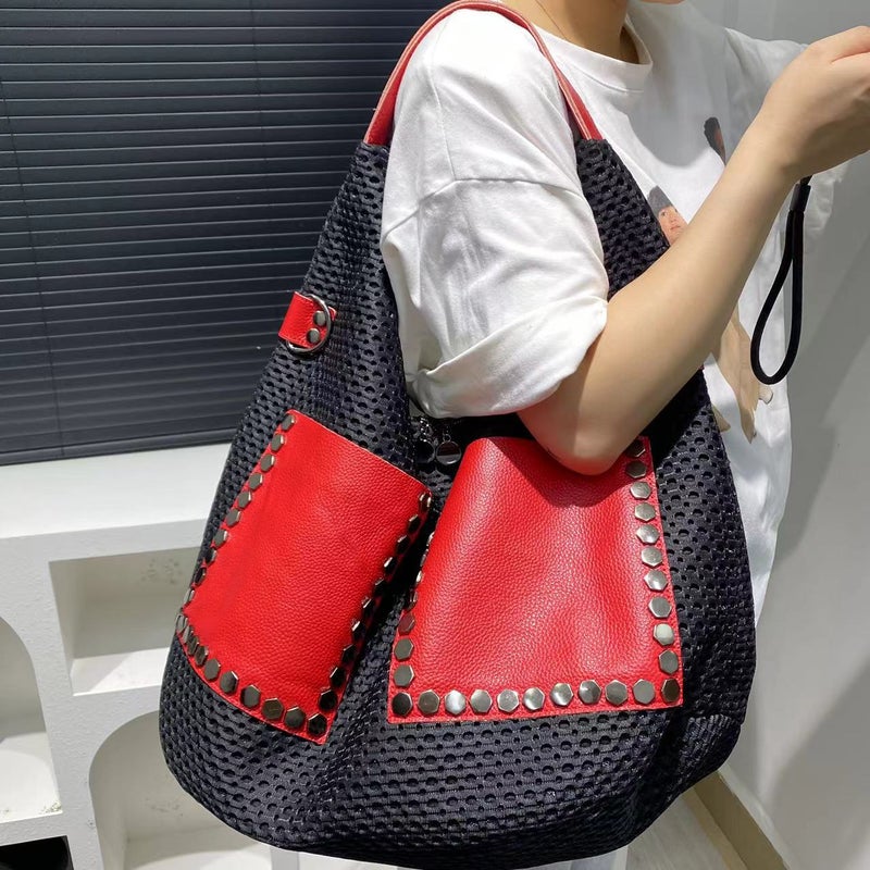 Women'S Fashion Vintage Contrast Color Tote Bag Large Capacity Commuting Shoulder Hand Bag - Image 2