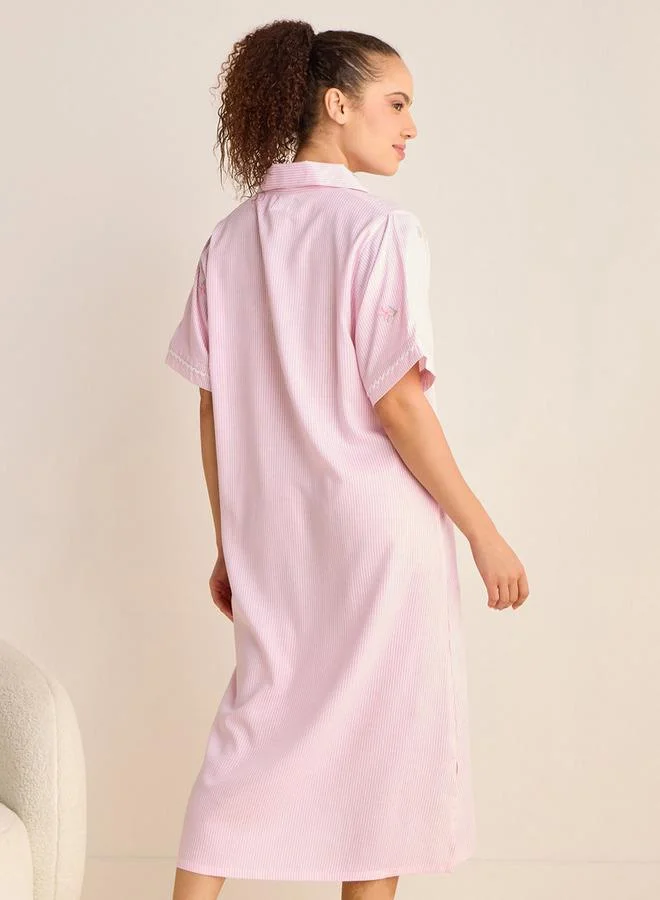 Splash FAV Striped Slit Detail Viscose Sleepshirt with Collar and Short Sleeves