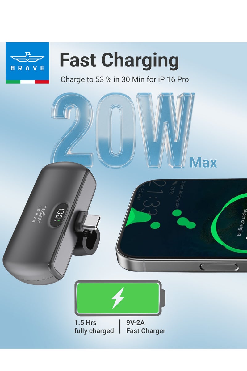 Brave Mini Power Bank for iPhone 16/15 with LED Display and Foldable Stand – 5000mAh Battery with 20W Fast Charging – Built-in USB-C Port and Dual Type-C Ports – Ultra-Compact Portable Charger Compatible with iPad, Samsung Galaxy S25/S24 Series, Google Pixel 9/8, and Other USB-C Devices for Travel and Daily Use - Image 2