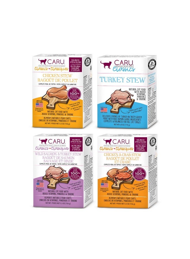 كارو - يخنات كلاسيكية للقطط - عبوة متنوعة - طعام قطط رطب صحي وعملي أو زينة طعام - يخنات دجاج وديك رومي وسلمون بري وديك رومي ودجاج وسرطان البحر - علب كرتون 5.5 أونصة - عبوة من 4 قطع - Image 1
