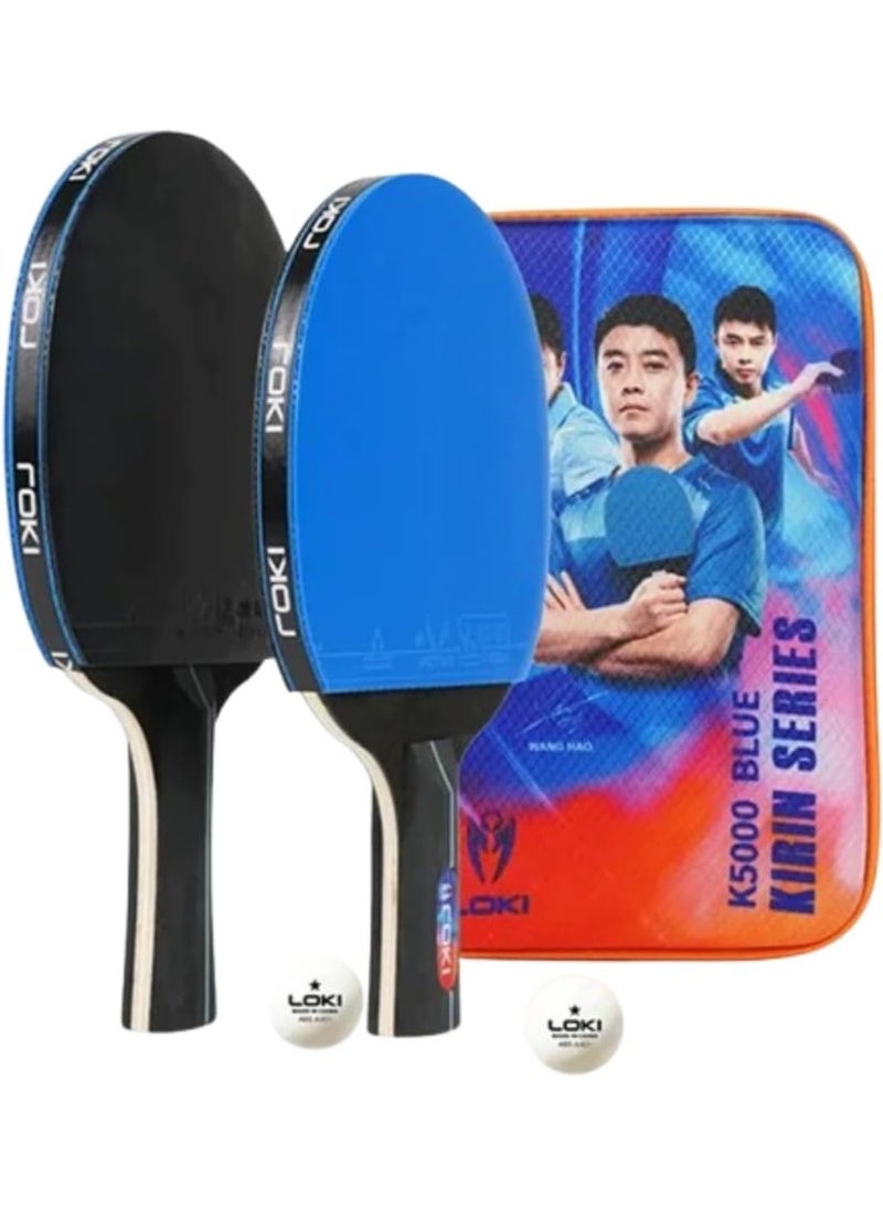 Kirin 5000 Table Tennis Racket Set - 2 Professional Speed ​​Spin & Fast Attack Rackets (Forehand & Backhand) with RXTON1 Rubber, Double-Sided Blue Sponge, Storage Bag and 2 Balls (For Experienced Players) - Image 1