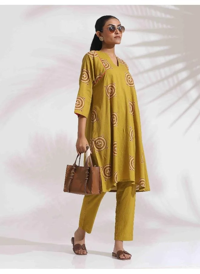trueBrowns trueBrowns Green Cotton Print Kimono Sleeves Kurta Co-ord Set