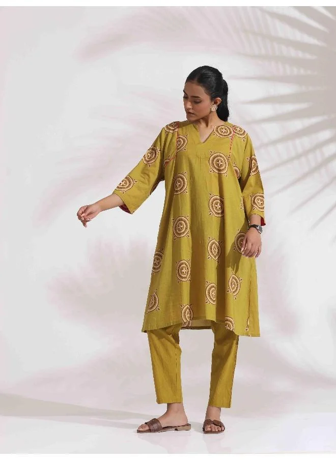 ترو برونز trueBrowns Green Cotton Print Kimono Sleeves Kurta Co-ord Set