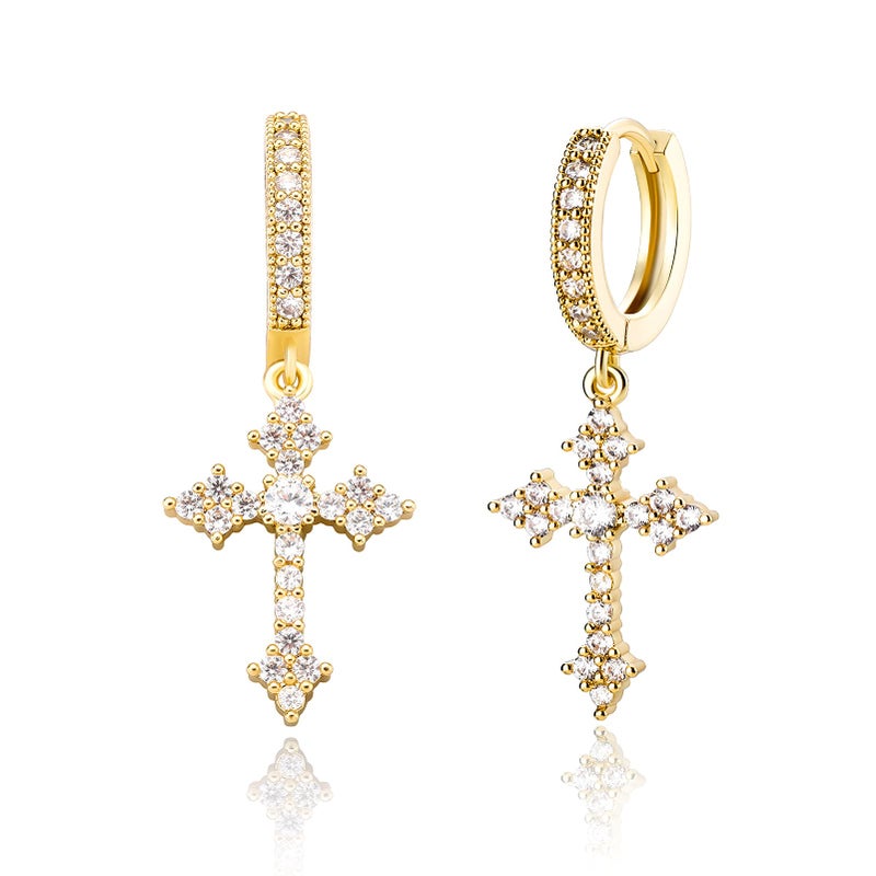 JINAO Cross Hoop Dangle Earrings 14K Gold Plated 5A+ Cubic Zirconia Cartilage Hypoallergenic Sterling Silver Cross Dangle Drop Earrings For Men Women-Hot Gold - Image 1