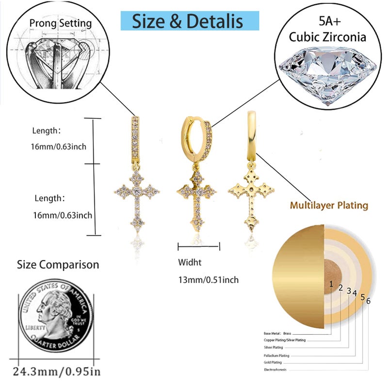 JINAO Cross Hoop Dangle Earrings 14K Gold Plated 5A+ Cubic Zirconia Cartilage Hypoallergenic Sterling Silver Cross Dangle Drop Earrings For Men Women-Hot Gold - Image 2