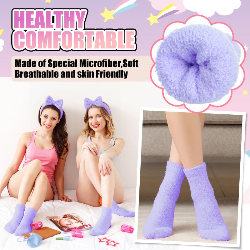 Chicingyou 48 Pcs Spa Sleepover Party Supplies 12 Bow Headband 12 Plush Sleep Eye Mask Covers 12 Pair Fuzzy Sock 12 Gift Bags for Sleeping Sleepover Slumber Baby Shower Wedding Party Gift(Purple) - Image 5