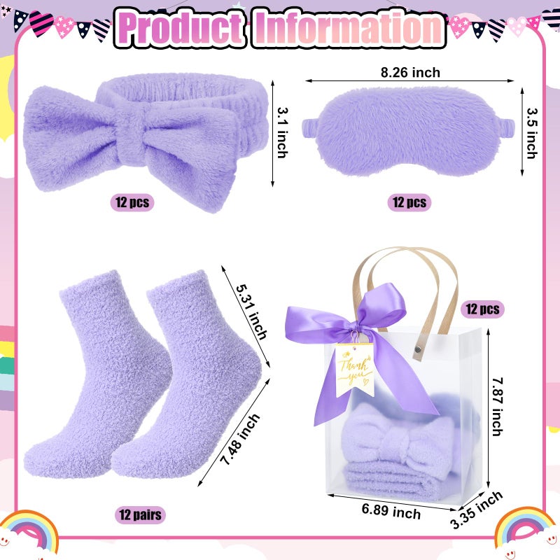 Chicingyou 48 Pcs Spa Sleepover Party Supplies 12 Bow Headband 12 Plush Sleep Eye Mask Covers 12 Pair Fuzzy Sock 12 Gift Bags for Sleeping Sleepover Slumber Baby Shower Wedding Party Gift(Purple) - Image 2