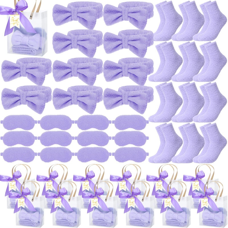 Chicingyou 48 Pcs Spa Sleepover Party Supplies 12 Bow Headband 12 Plush Sleep Eye Mask Covers 12 Pair Fuzzy Sock 12 Gift Bags for Sleeping Sleepover Slumber Baby Shower Wedding Party Gift(Purple) - Image 1