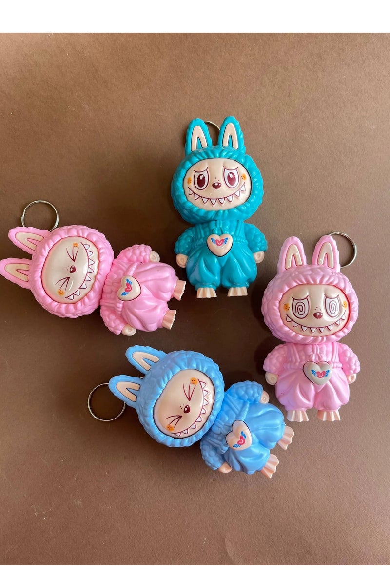 قلادة دمية لابوبو المتغيرة الوجه، هدية كرتونية أنيقة، سلسلة مفاتيح، لعبة لتخفيف التوتر للأطفال (متعددة الألوان) 4 قطع - Image 1