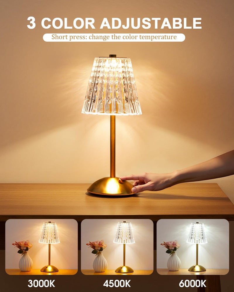 Nusogon 2 Pack Cordless Crystal Table Lamps Premium Rechargeable Touch Lamps with 3 Color Dimmable Lighting for Bedroom Nightstand Restaurant Home Decor Gold - Image 3