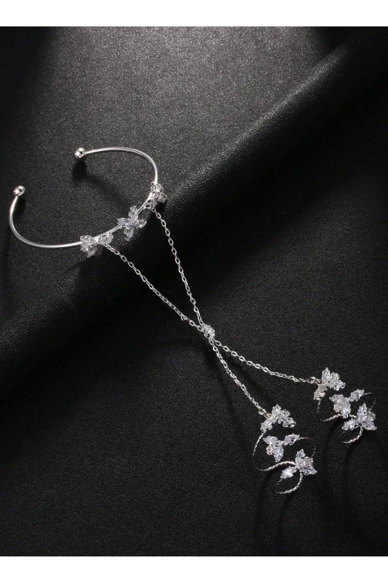 Women's Hand Bracelet Accessory in Silver Color with a Chain Design Connecting Two Rings. - Image 3