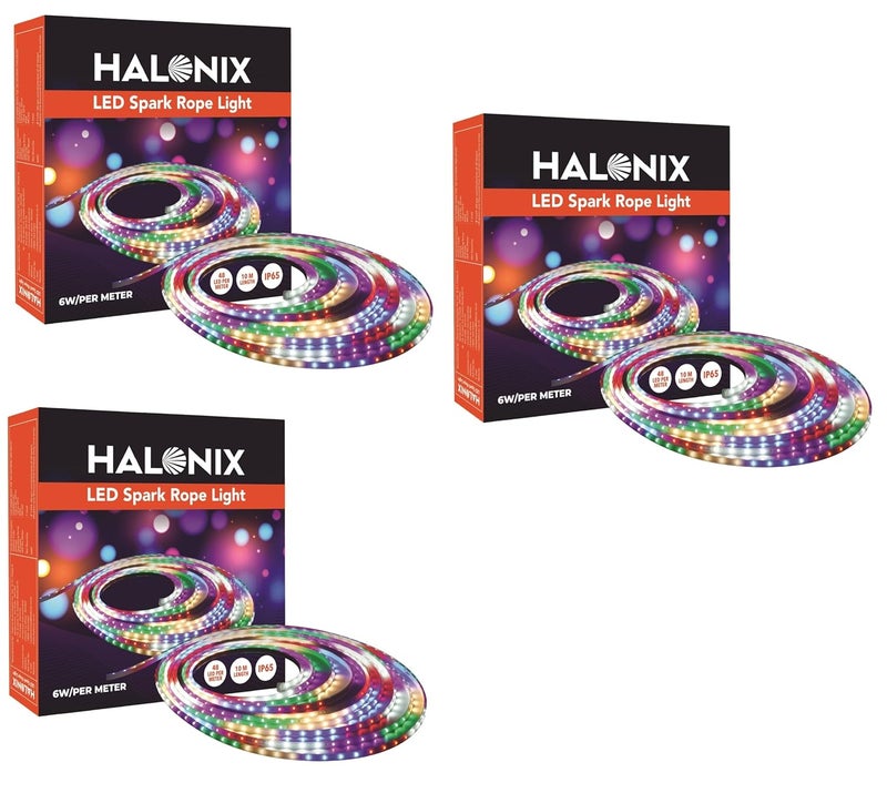 Halonix 10 Meter Multicolor 11W LED Rope Light with 8 Light Modes | IP65 Certified, BIS Approved | Fairy Light, String Light,Decorative Light | Direct Plug-in | Pack of 3 (10 Meter, Multi Color) - Image 1