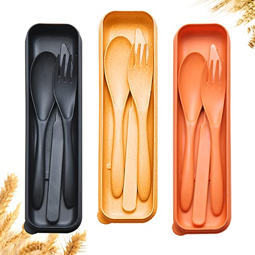 YDYTOP Reusable Travel Utensils Set with Case, 3 Sets Wheat Straw Portable Knife Fork Spoons Cutlery, Eco-Friendly BPA Free Plastic Tableware for Kids Adults Travel Picnic Camping Utensils - Image 1