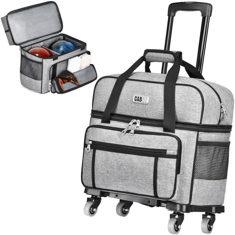 CAB55 2 Ball Bowling Bag with 4 Wheels Double Bowling Ball Bag with Separate Shoe Compartment Up To US Men Size 16 and Multiple Multifunctional Accessory Pockets Gray - Image 2