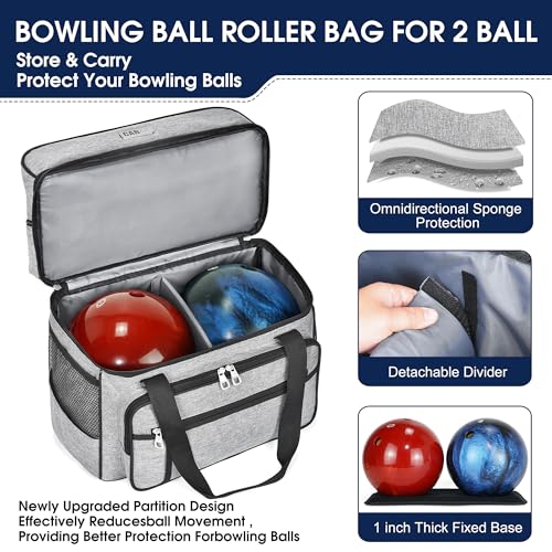 CAB55 2 Ball Bowling Bag with 4 Wheels Double Bowling Ball Bag with Separate Shoe Compartment Up To US Men Size 16 and Multiple Multifunctional Accessory Pockets Gray - Image 3