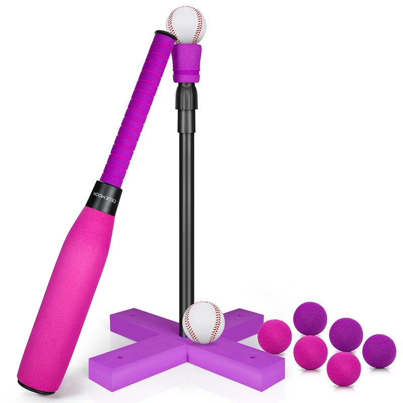 CeleMoon Adjustable TEE Foam T Ball Kids Baseball Softball Bat Set Batting 8 Colored Balls Included for Toddler Girls Gift 3 4 5 Years Indoor Outdoor Sport Playing Toys Pink - Image 2
