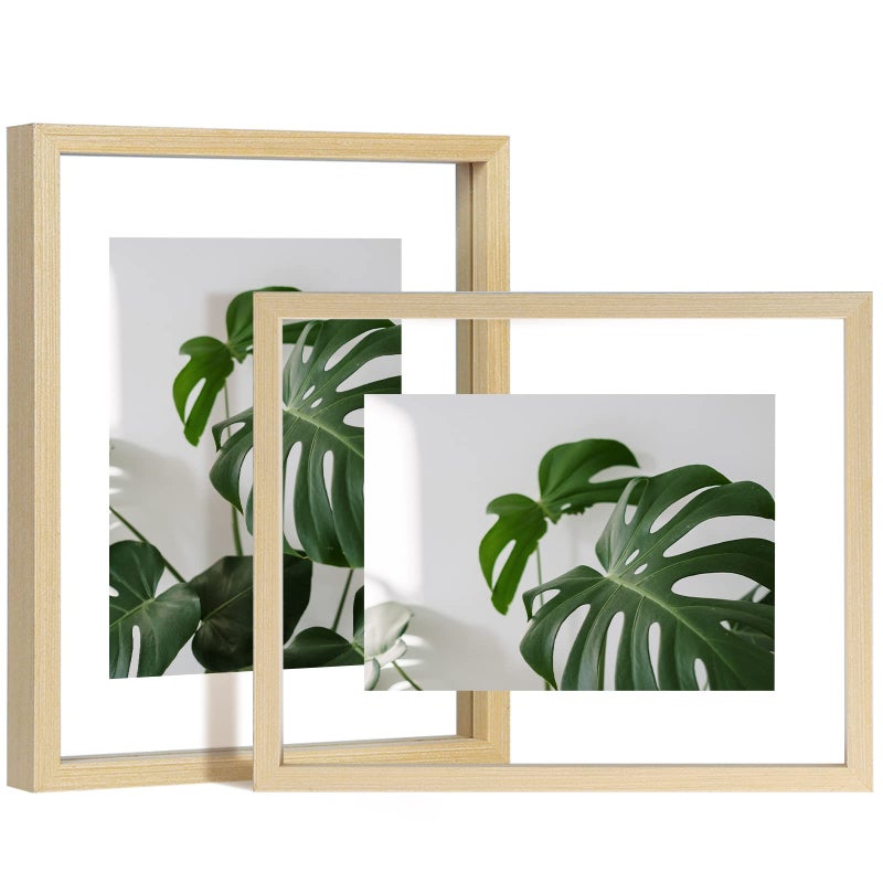 Egofine Egofine 8x10 Floating Frames Set of 2 Double Plexiglass Picture Frame Made of Solid Wood Display Any Size Photo up to 8x10 Wall Mount or Tabletop Standing Natural Wood 
