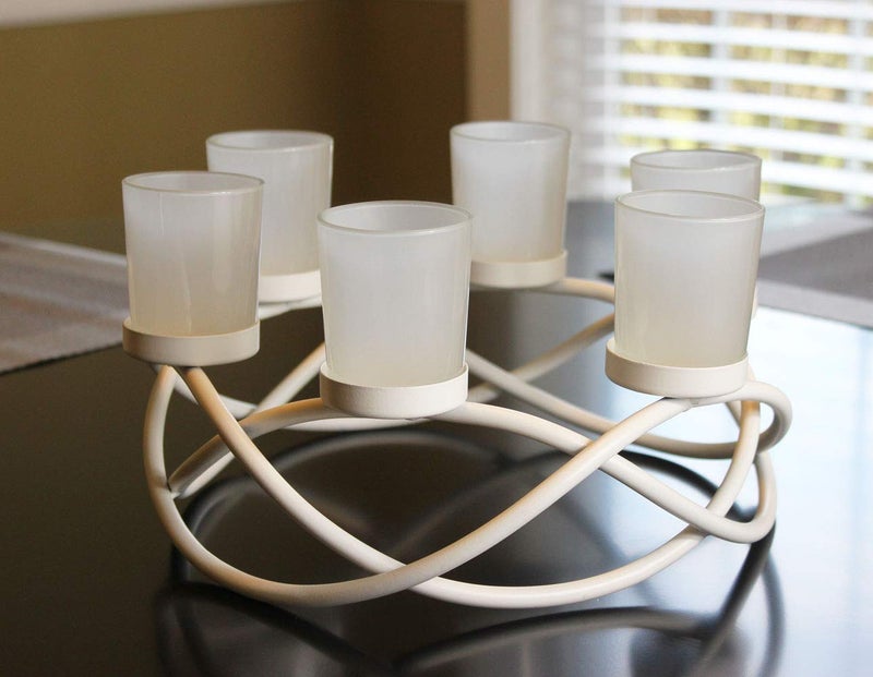 Seraphic Iron Circular Table Centerpiece Decorations Candle Holder for Weddings, Patio, Kitchen, Dining Room, and Coffee Tables, Glass Votive Tealight Holders, White, 6 Clear Cups - Image 1