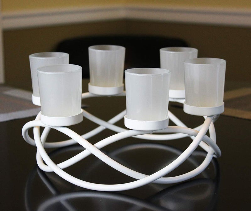 Seraphic Iron Circular Table Centerpiece Decorations Candle Holder for Weddings, Patio, Kitchen, Dining Room, and Coffee Tables, Glass Votive Tealight Holders, White, 6 Clear Cups - Image 2