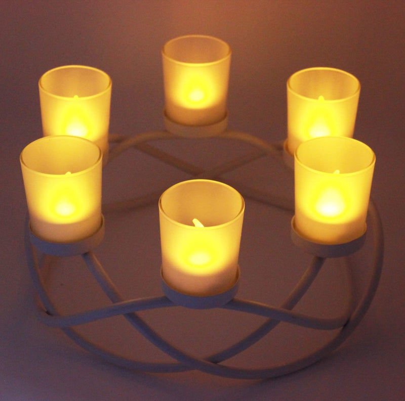 Seraphic Iron Circular Table Centerpiece Decorations Candle Holder for Weddings, Patio, Kitchen, Dining Room, and Coffee Tables, Glass Votive Tealight Holders, White, 6 Clear Cups - Image 5