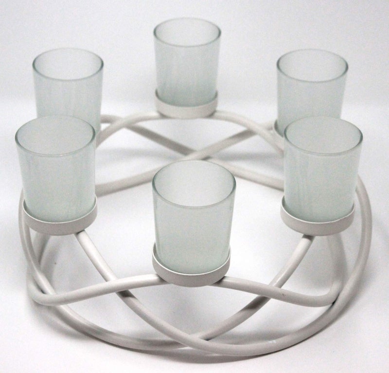 Seraphic Iron Circular Table Centerpiece Decorations Candle Holder for Weddings, Patio, Kitchen, Dining Room, and Coffee Tables, Glass Votive Tealight Holders, White, 6 Clear Cups - Image 3