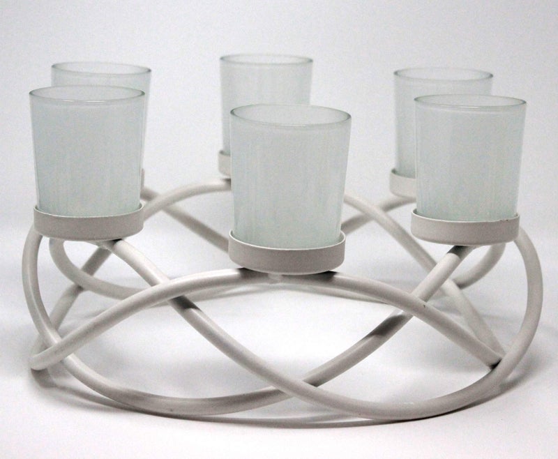 Seraphic Iron Circular Table Centerpiece Decorations Candle Holder for Weddings, Patio, Kitchen, Dining Room, and Coffee Tables, Glass Votive Tealight Holders, White, 6 Clear Cups - Image 4