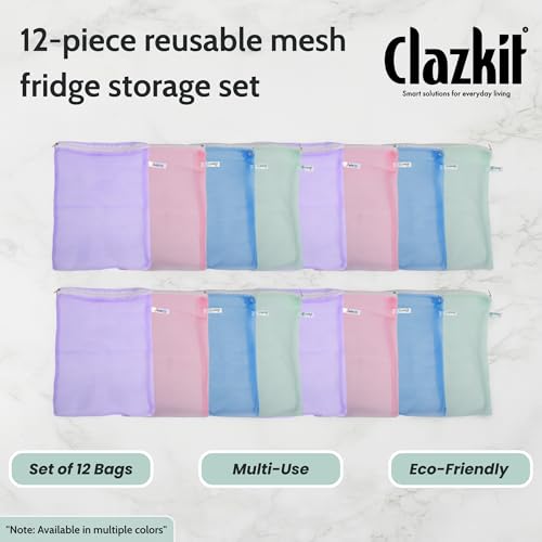 Clazkit Set Of 12 Reusable Fridge Storage Bags For Vegetables and Fruits Dual Layer Mesh Net Multipurpose Multi-Size Kitchen Storage Bags Organizer with Sturdy Zipper - Image 3