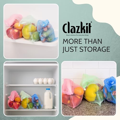 Clazkit Set Of 12 Reusable Fridge Storage Bags For Vegetables and Fruits Dual Layer Mesh Net Multipurpose Multi-Size Kitchen Storage Bags Organizer with Sturdy Zipper - Image 5